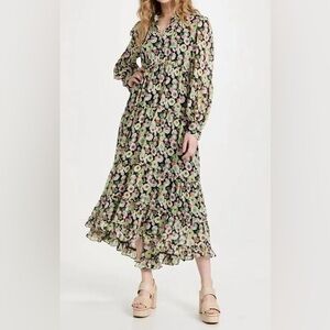 Cinq a Sept Womens Lucille Green Puff Sleeve Floral Below Knee Midi Dress NWT 2